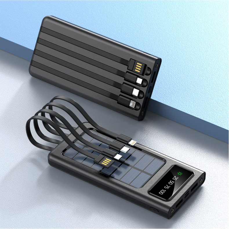 50000mAh large-capacity solar-powered portable power bank with built-in cable, digital display, LED lighting, suitable for camping, and gift-giving.