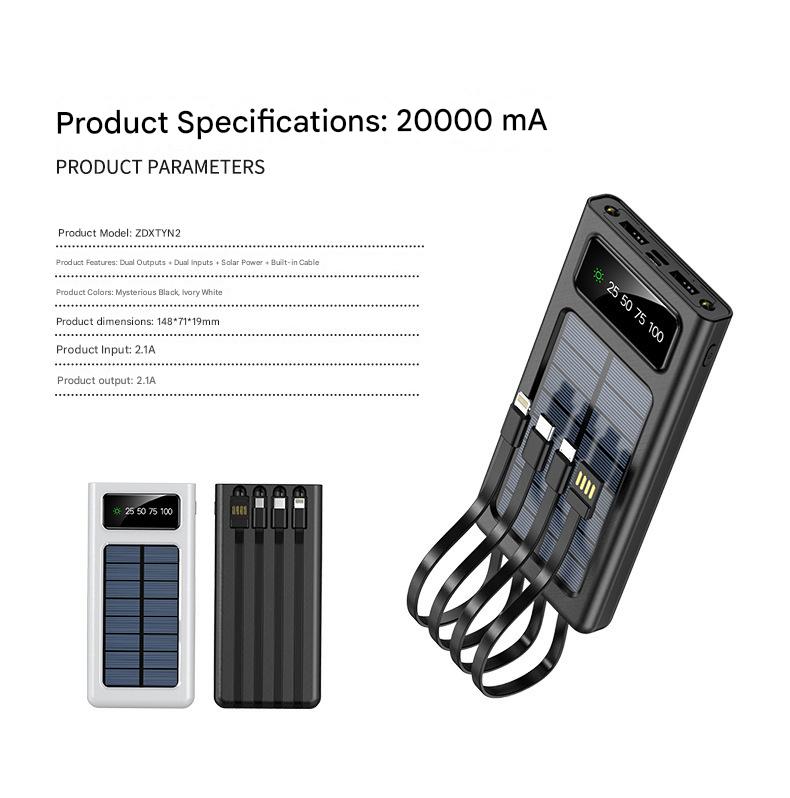 50000mAh large-capacity solar-powered portable power bank with built-in cable, digital display, LED lighting, suitable for camping, and gift-giving. gallery image