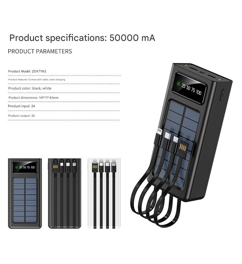 50000mAh large-capacity solar-powered portable power bank with built-in cable, digital display, LED lighting, suitable for camping, and gift-giving. gallery image
