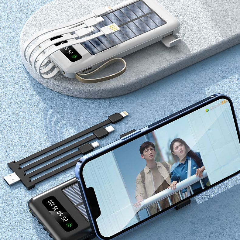 Factory Direct High Capacity 10000mah Fast Charging Solar Power Bank Built in Cables Portable Solar Power Bank With Led Light gallery image
