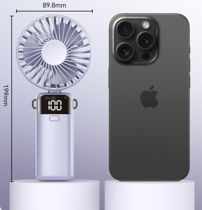 Handheld mini fan, mini neck-hanging, desktop portable stand, foldable, USB charging, small, high-speed digital display, ice compress gallery image