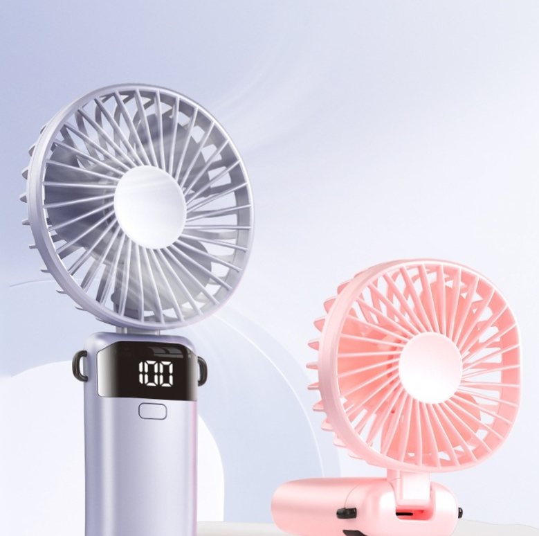 Handheld mini fan, mini neck-hanging, desktop portable stand, foldable, USB charging, small, high-speed digital display, ice compress gallery image