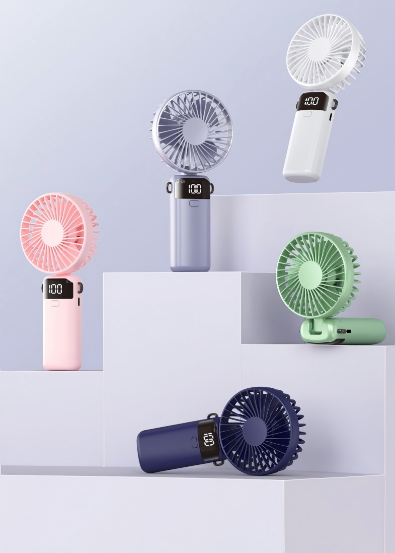 Handheld mini fan, mini neck-hanging, desktop portable stand, foldable, USB charging, small, high-speed digital display, ice compress gallery image