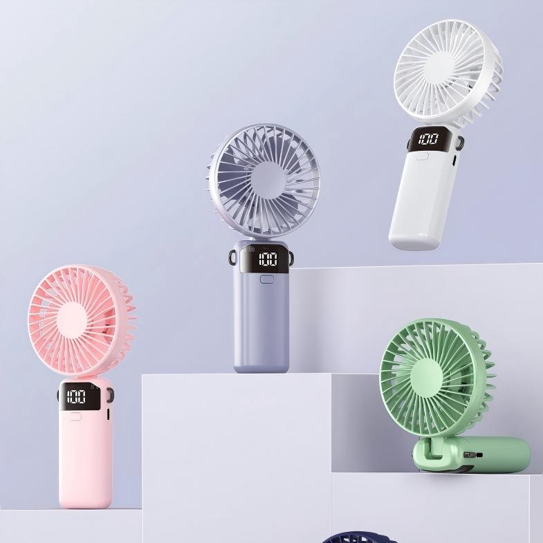 Handheld mini fan, mini neck-hanging, desktop portable stand, foldable, USB charging, small, high-speed digital display, ice compress gallery image
