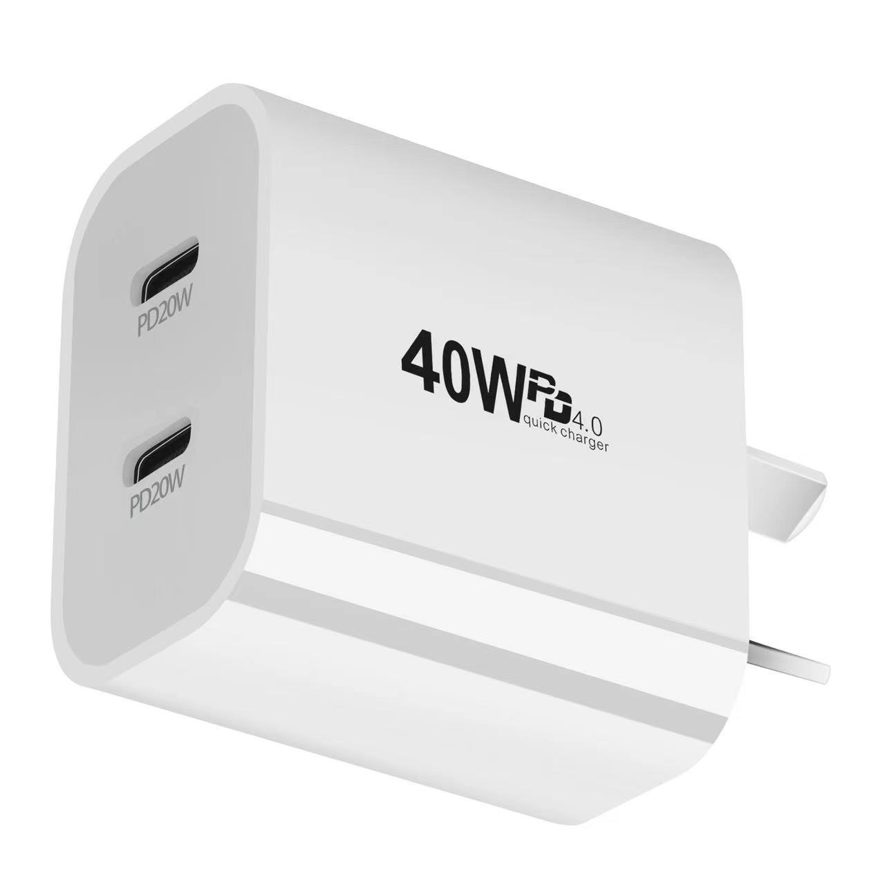 Hot Sale 40W Fast PD Charger 2 Type-C 2 USB Ports OCP Protection QC3.0 for UL Certified EU AU US UK Plugs gallery image
